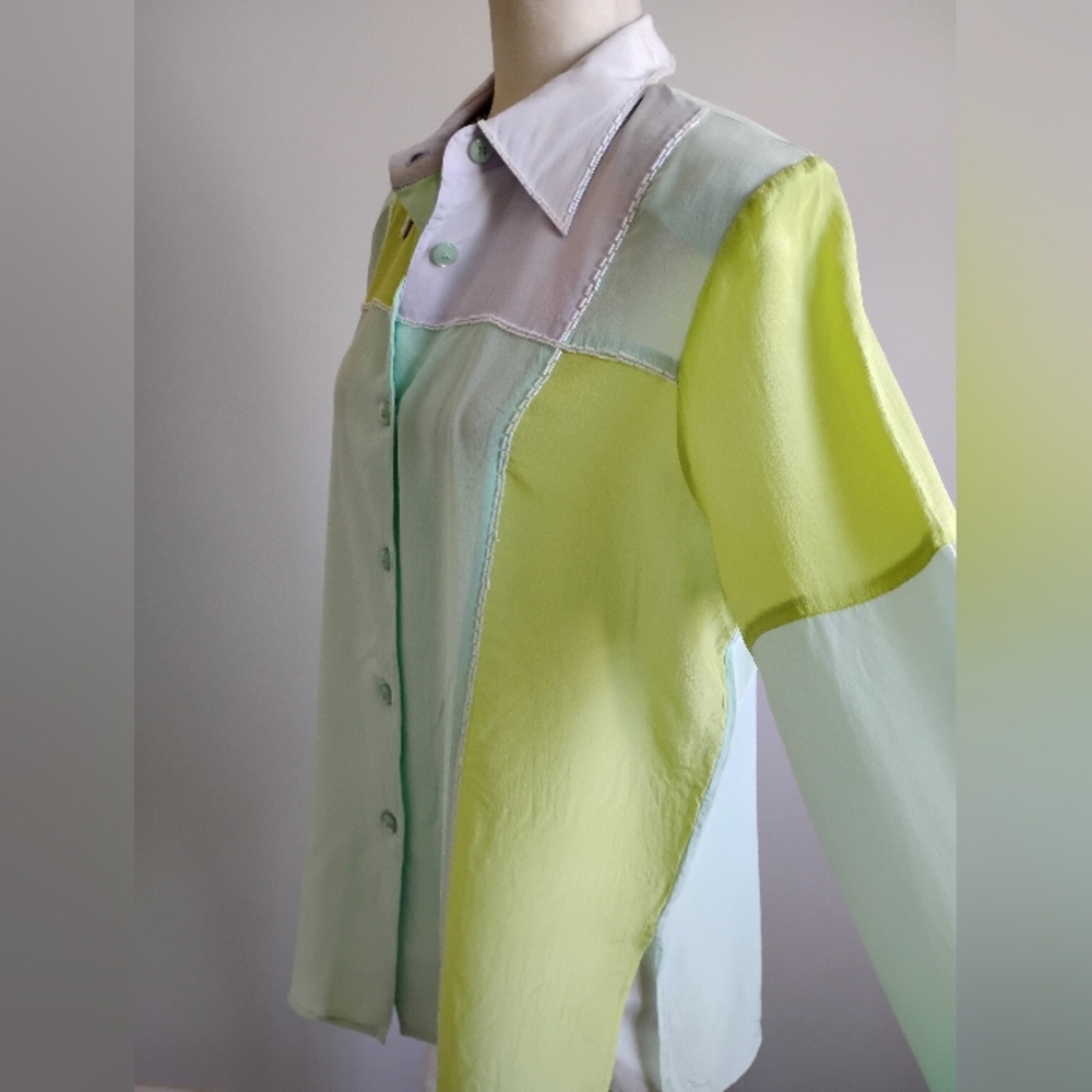 Diane Gilman Silk Beaded Button Up Blouse Pastel Chartreuse Lilac Size Medium - Picture 7 of 14